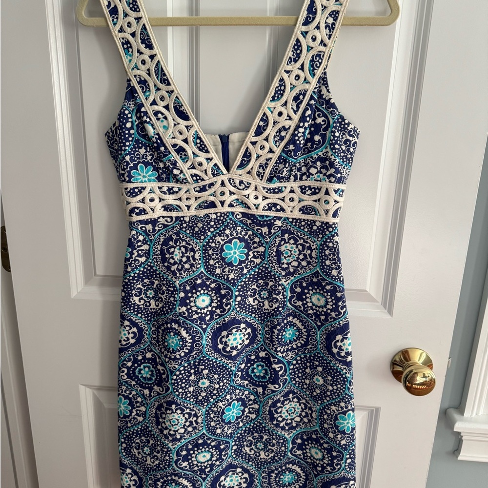 Trina Turk Blue and Cream Patterned Mini Dress
